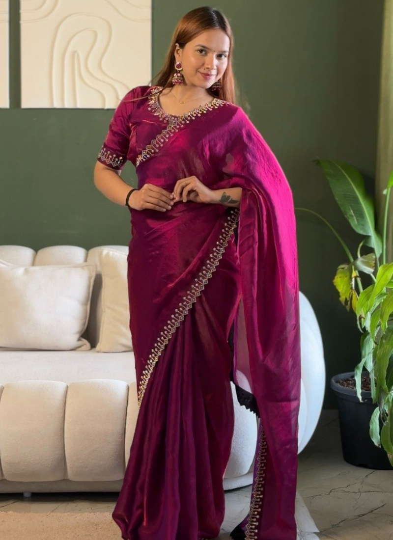 Elegant Wine Zarkan Diamond Work Silk Party Wear Saree