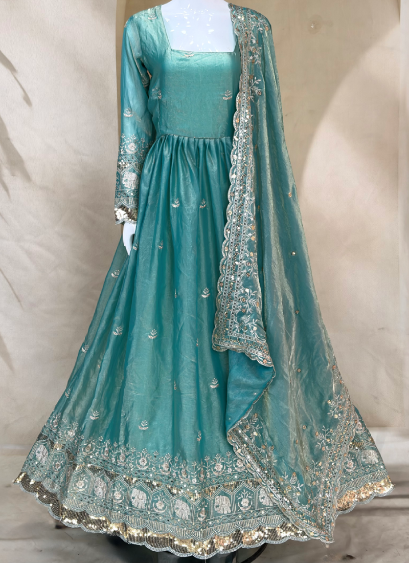 Elegant Sea Green Anarkali Gown With Fandy Silk Sequence Embroidery