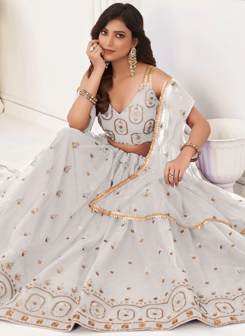 Embroidered Butterfly Net White Engagement Lehenga Choli