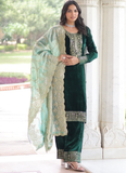Embroidered Dark Green Velvet Pakistani Salwar Kameez With Dupatta Set