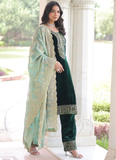 Embroidered Dark Green Velvet Pakistani Salwar Kameez With Dupatta Set