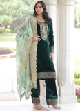 Embroidered Dark Green Velvet Pakistani Salwar Kameez With Dupatta Set