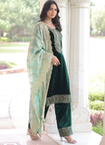 Embroidered Dark Green Velvet Pakistani Salwar Kameez With Dupatta Set