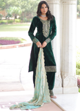 Embroidered Dark Green Velvet Pakistani Salwar Kameez With Dupatta Set