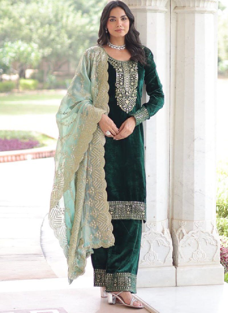 Embroidered Dark Green Velvet Pakistani Salwar Kameez With Dupatta Set