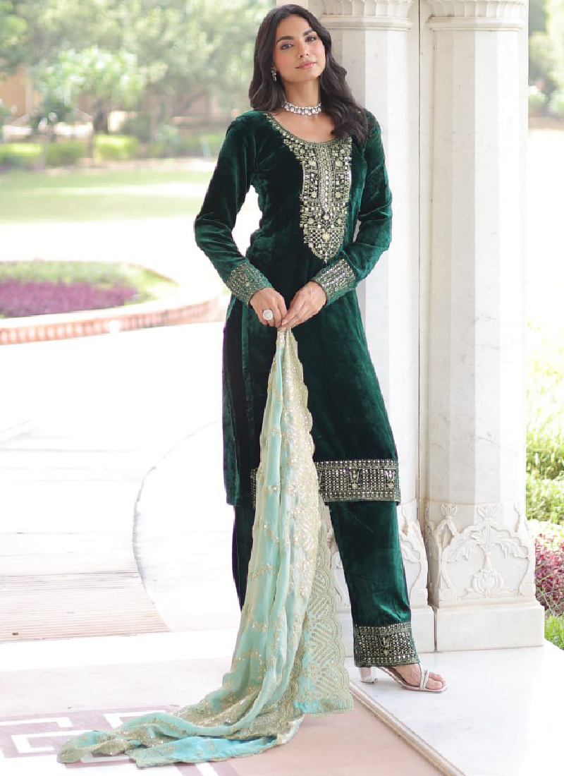 Embroidered Dark Green Velvet Pakistani Salwar Kameez With Dupatta Set –  tapee.in