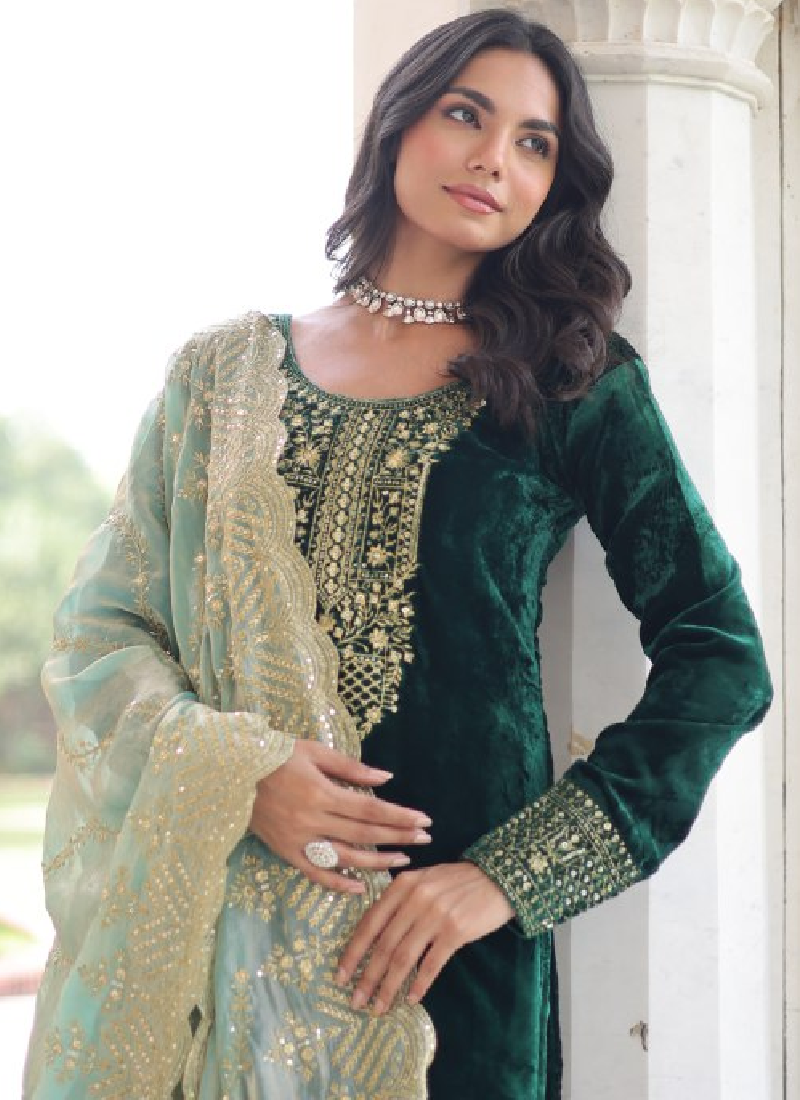 Embroidered Dark Green Velvet Pakistani Salwar Kameez With Dupatta Set   tapee.in