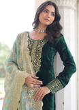 Embroidered Dark Green Velvet Pakistani Salwar Kameez With Dupatta Set