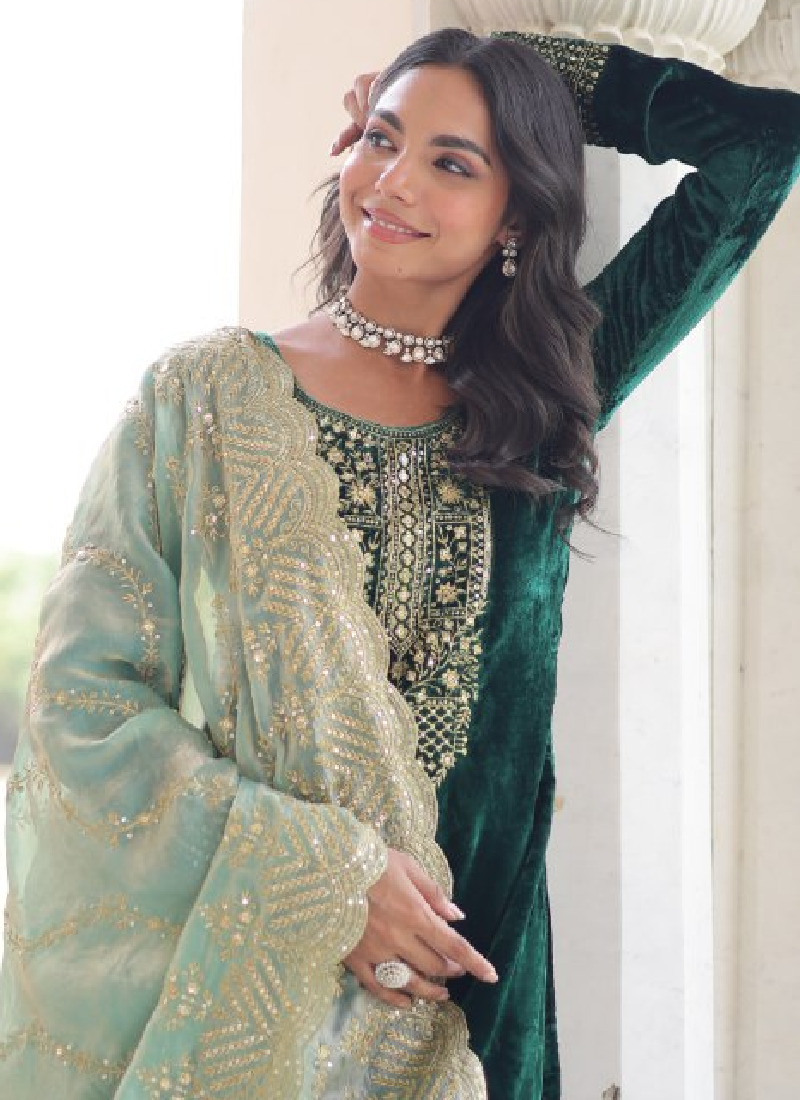 Embroidered Dark Green Velvet Pakistani Salwar Kameez With Dupatta Set