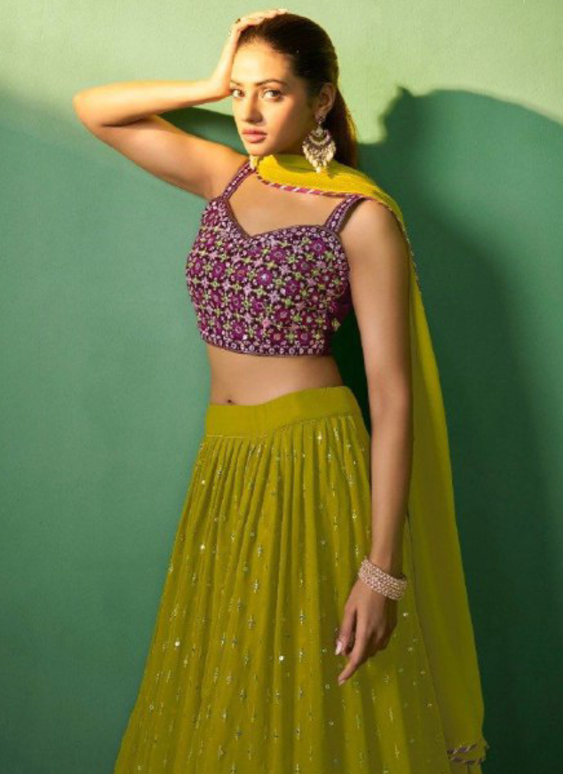 Embroidered Georgette Mahendi Function Special Green Lehenga Choli Set