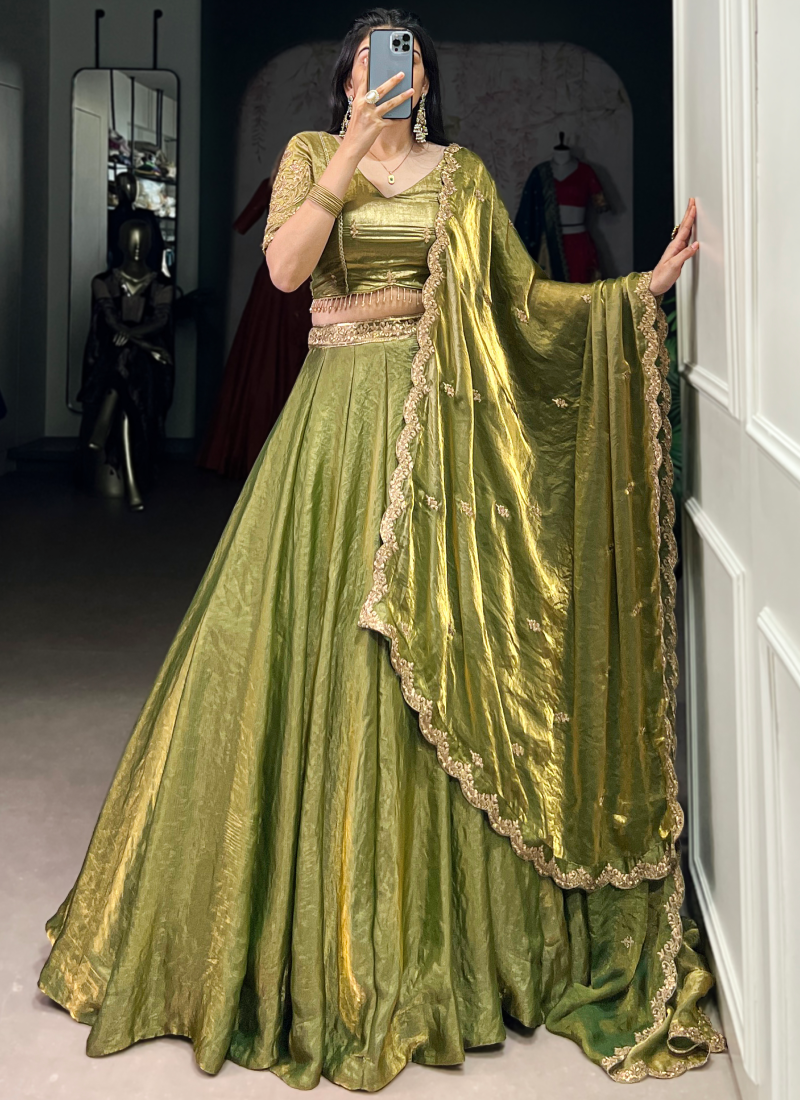 Embroidered Organza Mehendi Green Lehenga Choli For Mhendi Functions