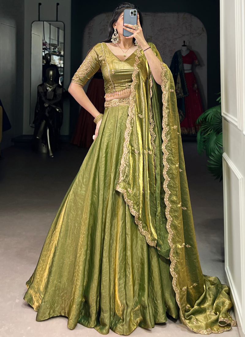 Embroidered Organza Mehendi Green Lehenga Choli For Mhendi Functions