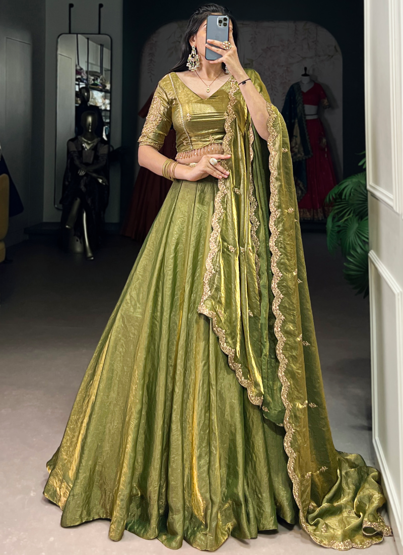 Embroidered Organza Mehendi Green Lehenga Choli For Mhendi Functions