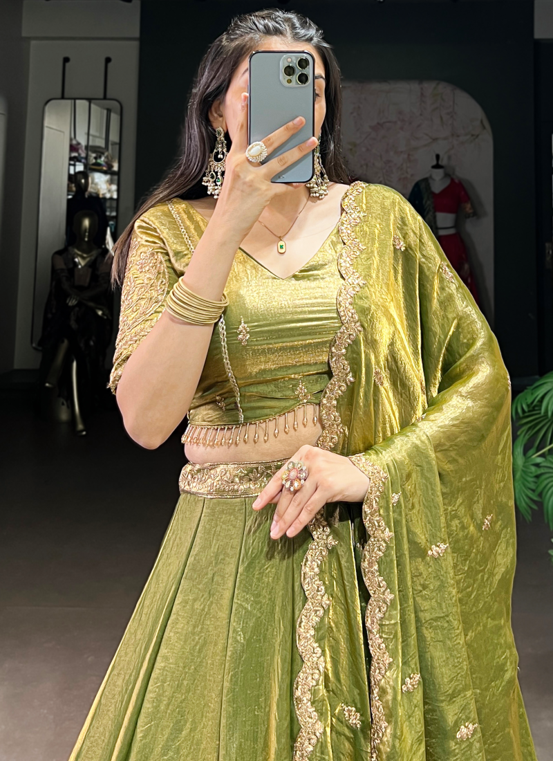 Embroidered Organza Mehendi Green Lehenga Choli for Mehendi Functions