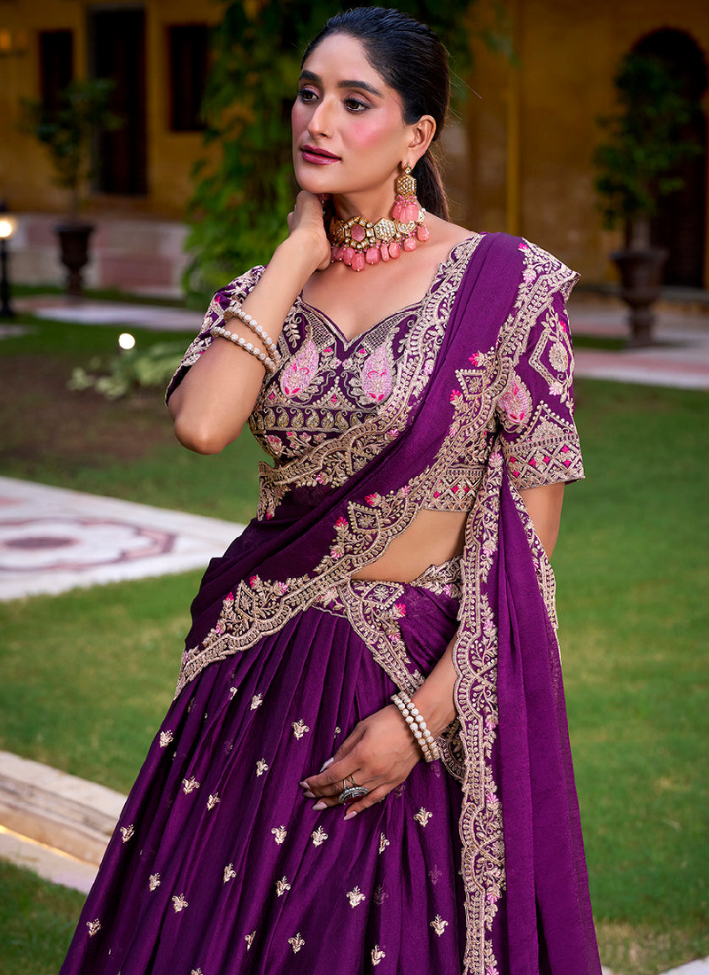Embroidered Rangoli Crush Wedding Wear Purple Lehenga Choli Set