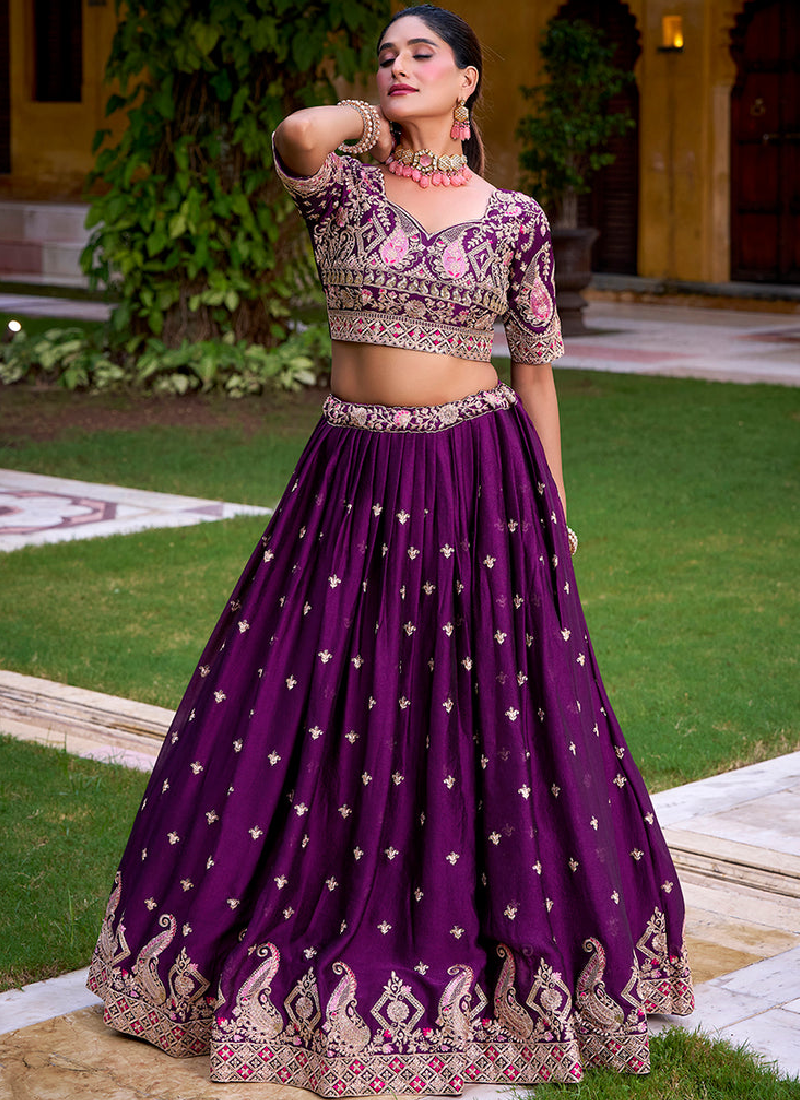 Embroidered Rangoli Crush Wedding Wear Purple Lehenga Choli Set