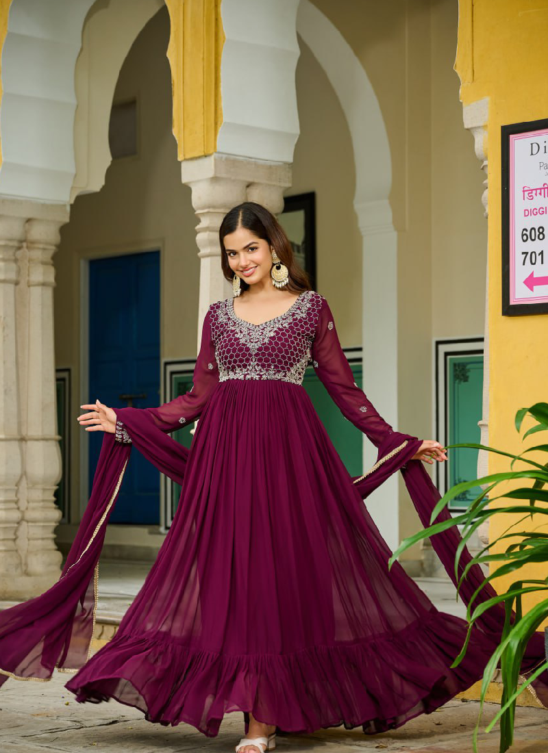 Embroidered Readymade Wine Faux Blooming Anarkali Gown With Dupatta
