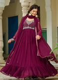 Embroidered Readymade Wine Faux Blooming Anarkali Gown With Dupatta