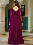 Embroidered Readymade Wine Faux Blooming Anarkali Gown With Dupatta