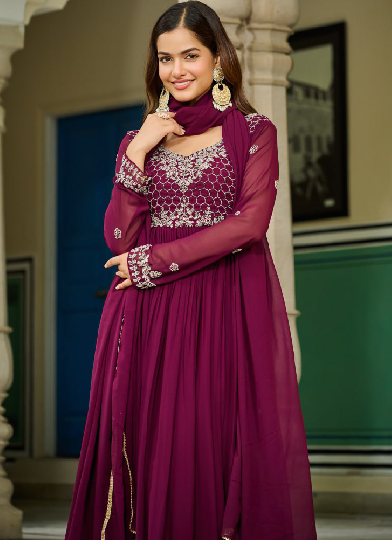 Embroidered Readymade Wine Faux Blooming Anarkali Gown With Dupatta