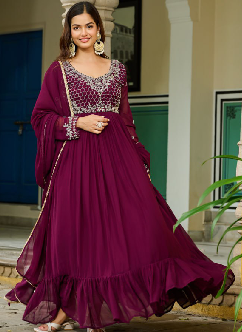 Embroidered Readymade Wine Faux Blooming Anarkali Gown With Dupatta