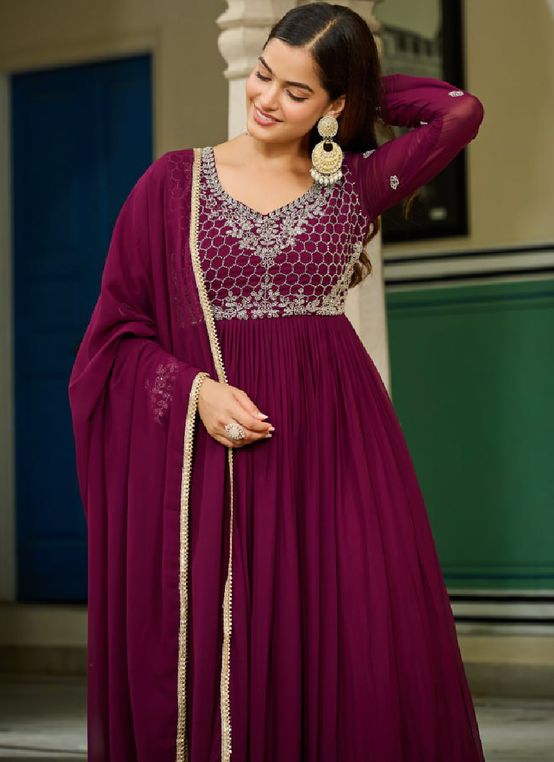 Embroidered Readymade Wine Faux Blooming Anarkali Gown With Dupatta