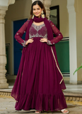 Embroidered Readymade Wine Faux Blooming Anarkali Gown With Dupatta