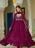 Embroidered Readymade Wine Faux Blooming Anarkali Gown With Dupatta