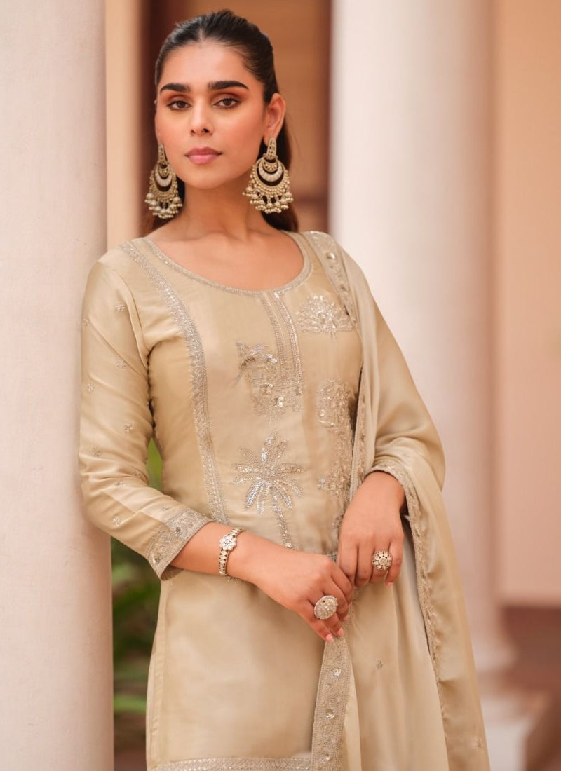 Embroidered Satin Silk Sharara Suit For Women Beige Salwar Kameez