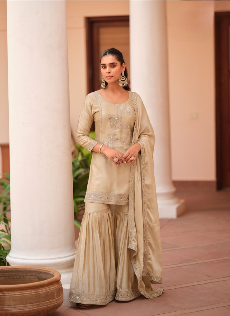 Embroidered Satin Silk Sharara Suit For Women Beige Salwar Kameez