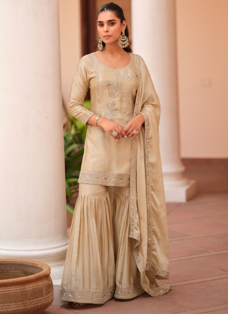 Embroidered Satin Silk Sharara Suit For Women Beige Salwar Kameez
