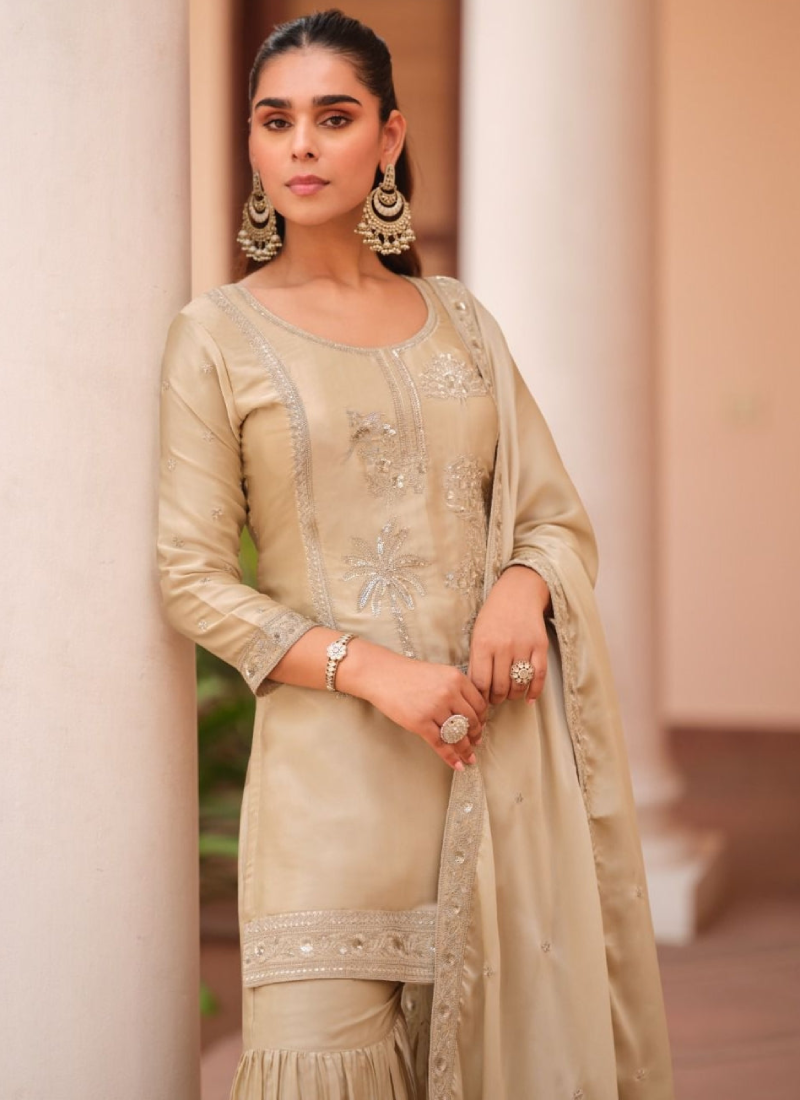 Embroidered Satin Silk Sharara Suit For Women Beige Salwar Kameez