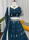 Embroidered Teal Blue Georgette Lehenga Choli Set For Women