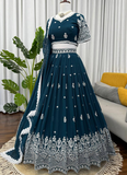 Teal embroidered traditional outfit  Embroidered Teal Blue Georgette Lehenga Choli Set For Women