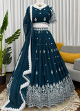 Embroidered Teal Blue Georgette Lehenga Choli Set For Women