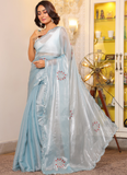 Embroidered Work Bridesmaids Sky Blue Shimmer Organza Saree