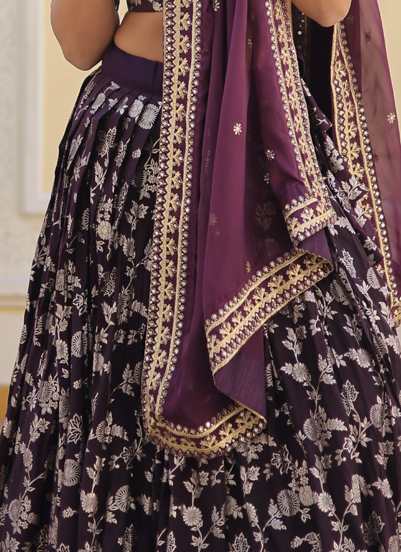 Embroidered Work Floral Viscose Jacquard Wine Lehenga Choli