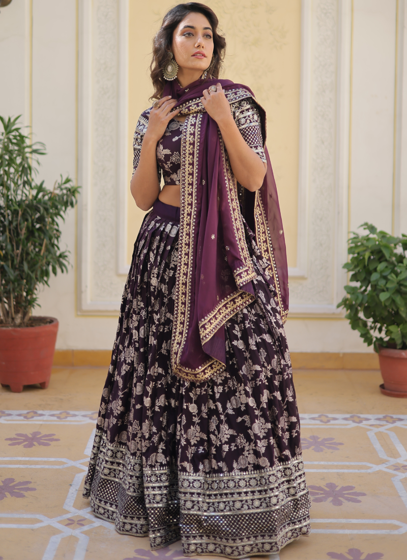 Embroidered Work Floral Viscose Jacquard Wine Lehenga Choli