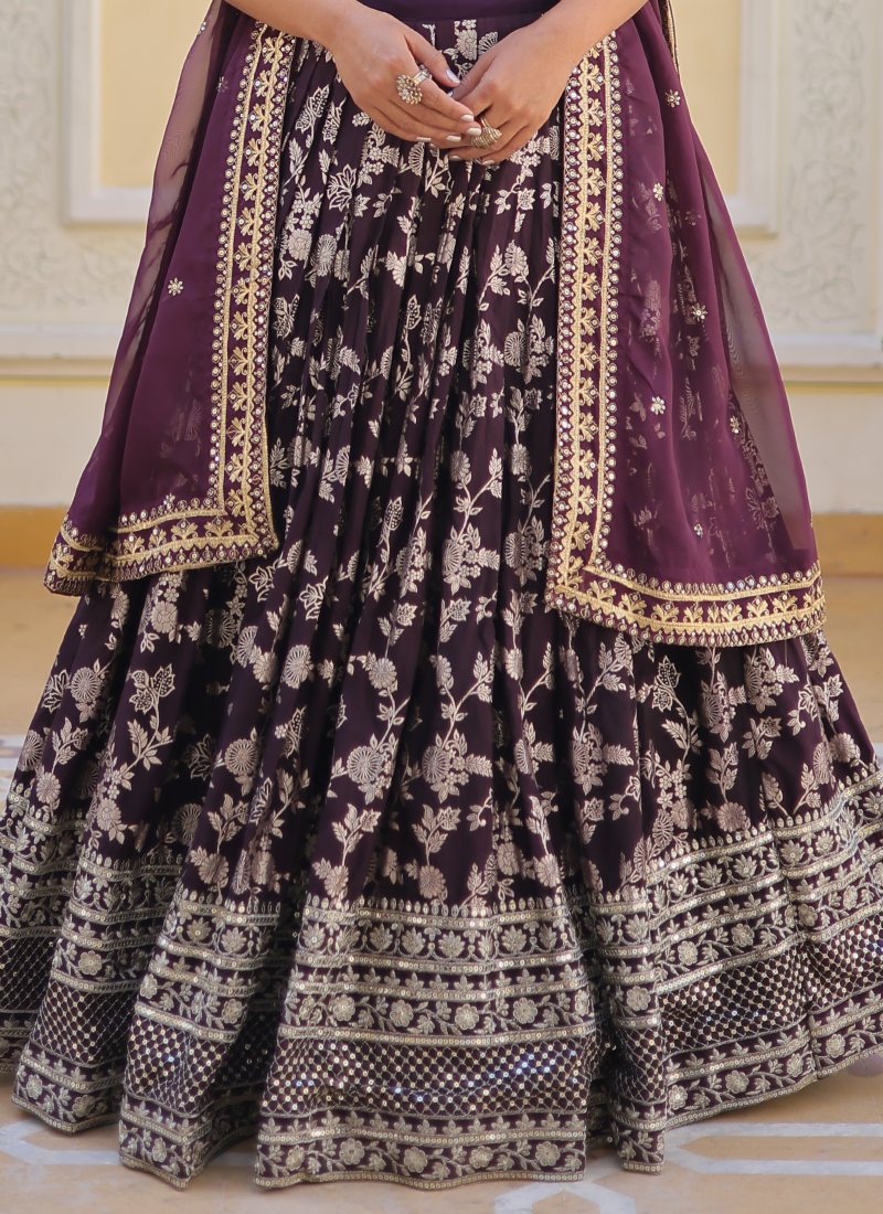 Embroidered Work Floral Viscose Jacquard Wine Lehenga Choli