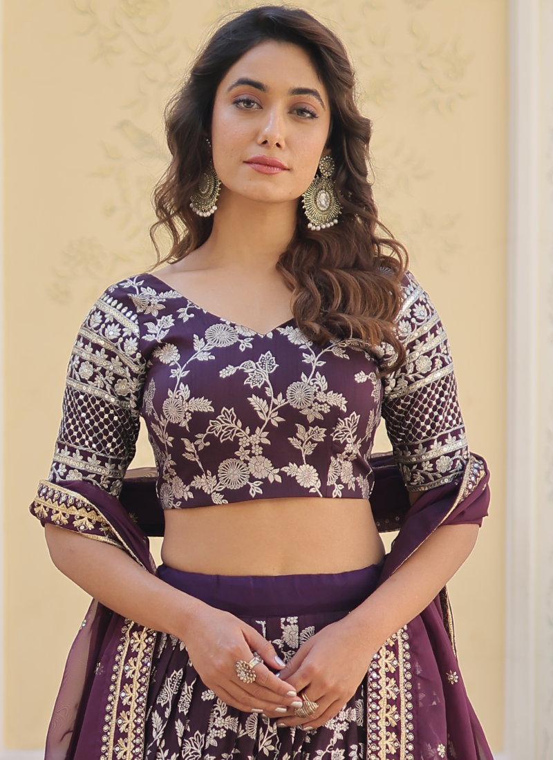 Embroidered Work Floral Viscose Jacquard Wine Lehenga Choli