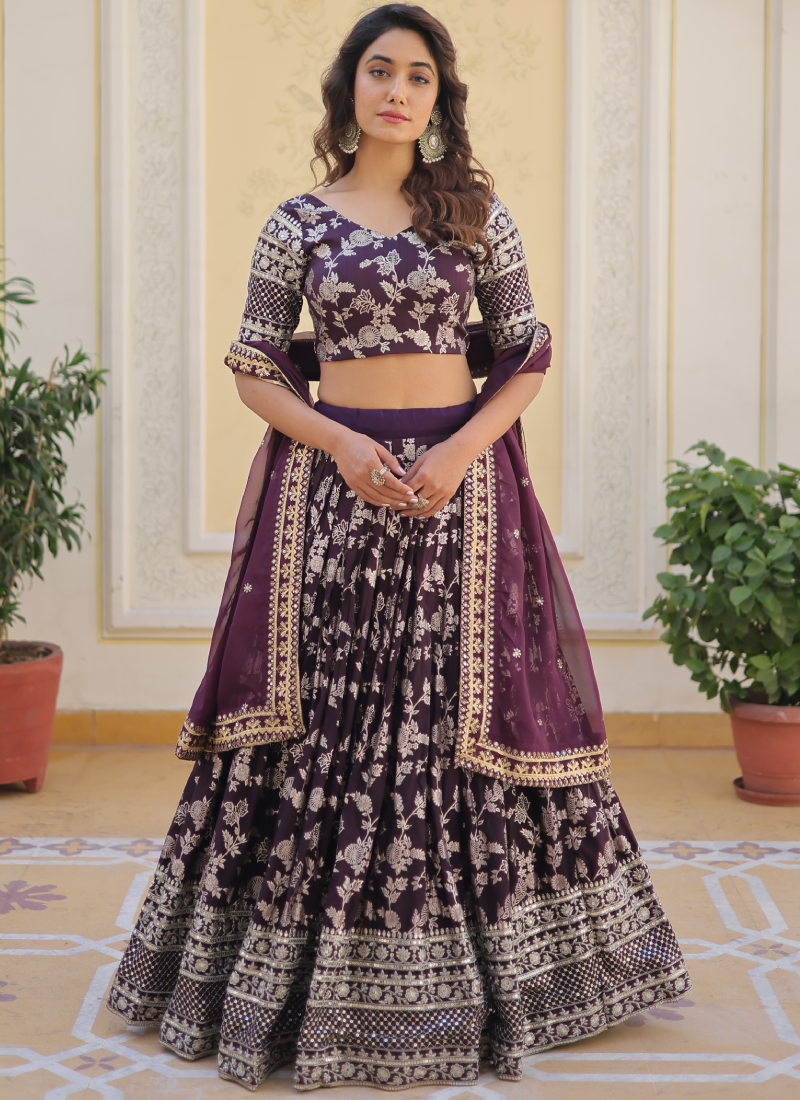 Embroidered Work Floral Viscose Jacquard Wine Lehenga Choli