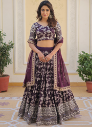Embroidered Work Floral Viscose Jacquard Wine Lehenga Choli