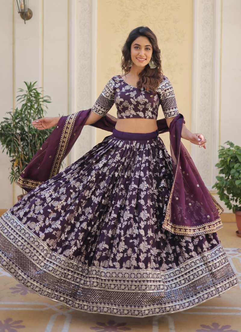 Embroidered Work Floral Viscose Jacquard Wine Lehenga Choli
