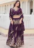 Embroidered Work Georgette Designer Purple Lehenga Choli For Wedding