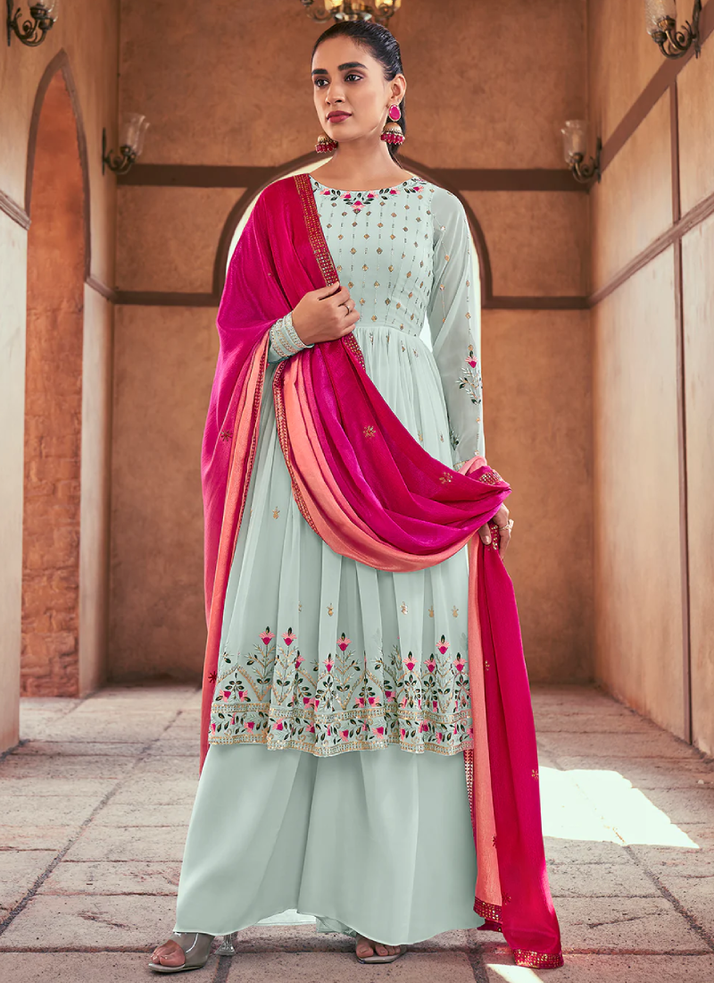 Embroidered Work Georgette Sky Blue Palazzo Suit For Wedding