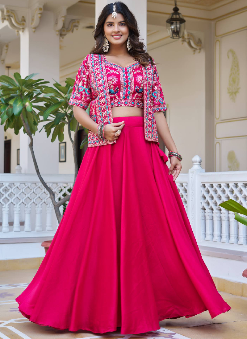 Embroidered Work Vichitra Silk Designer Pink Koti Style Lehenga Choli