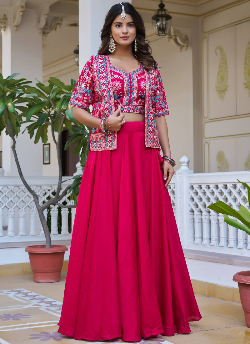 Embroidered Work Vichitra Silk Designer Pink Koti Style Lehenga Choli