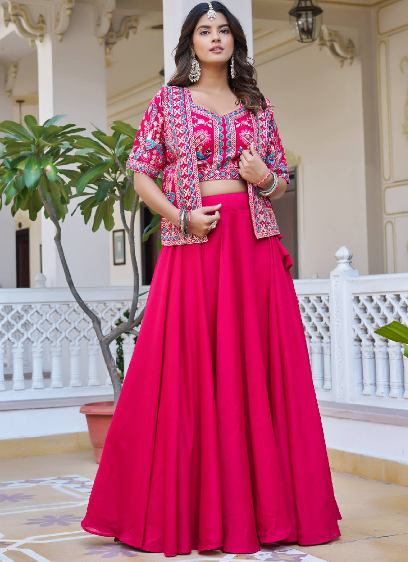 Embroidered Work Vichitra Silk Designer Pink Koti Style Lehenga Choli