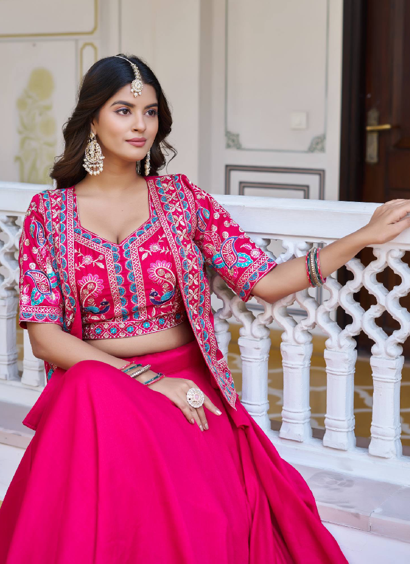 Embroidered Work Vichitra Silk Designer Pink Koti Style Lehenga Choli