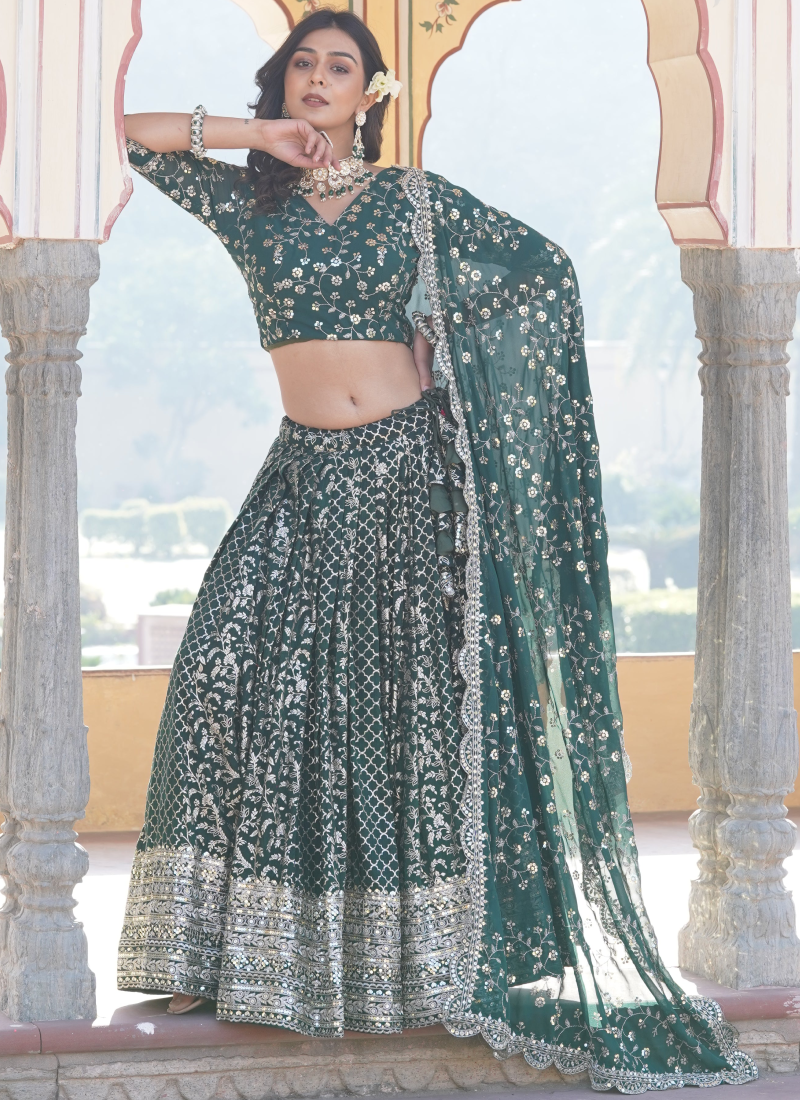 Embroidered Work Viscose Jacquard Designer Green Lehenga Choli